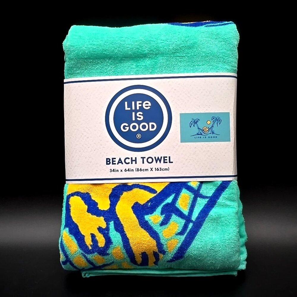 LIFE IS GOOD 100% Cotton Beach Towel Teal & Yellow Size 34" X 64" New